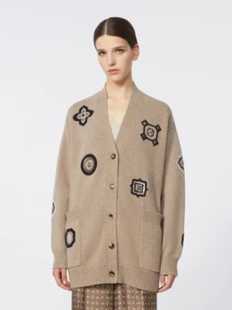 Cardigan lungo in lana e cashmere, color sabbia