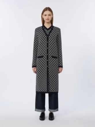 Cardigan lungo in lana jacquard, blu oltremare