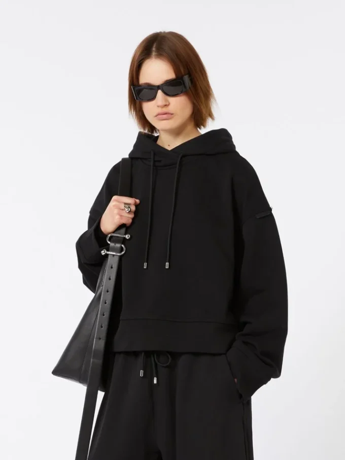 Felpa con cappuccio in cotone elasticizzato, nera Felpa con cappuccio in cotone elasticizzato, nera