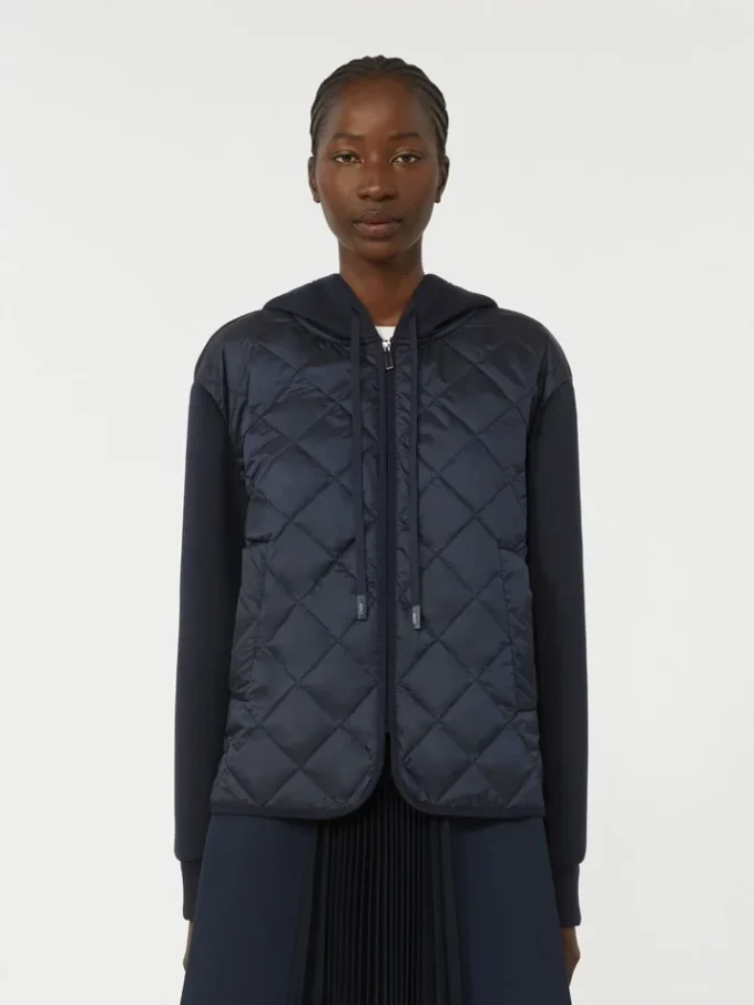Giacca imbottita con cappuccio in tela idrorepellente e jersey, blu navy Giacca imbottita con cappuccio in tela idrorepellente e jersey, blu navy