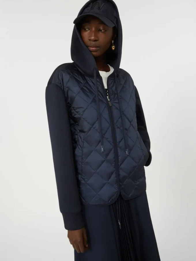 Giacca imbottita con cappuccio in tela idrorepellente e jersey, blu navy Giacca imbottita con cappuccio in tela idrorepellente e jersey, blu navy