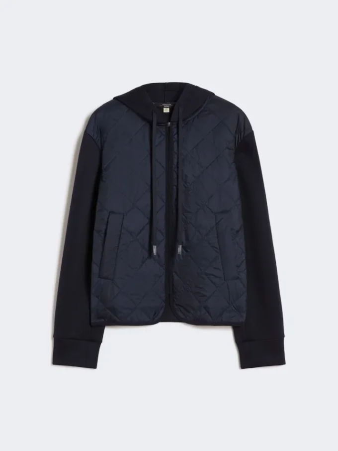 Giacca imbottita con cappuccio in tela idrorepellente e jersey, blu navy Giacca imbottita con cappuccio in tela idrorepellente e jersey, blu navy