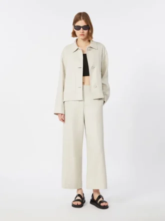 Pantaloni in cotone e lino elasticizzati, avorio