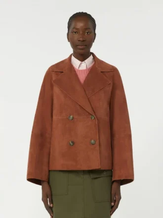 Giacca in pelle scamosciata a doppio petto, color terracotta