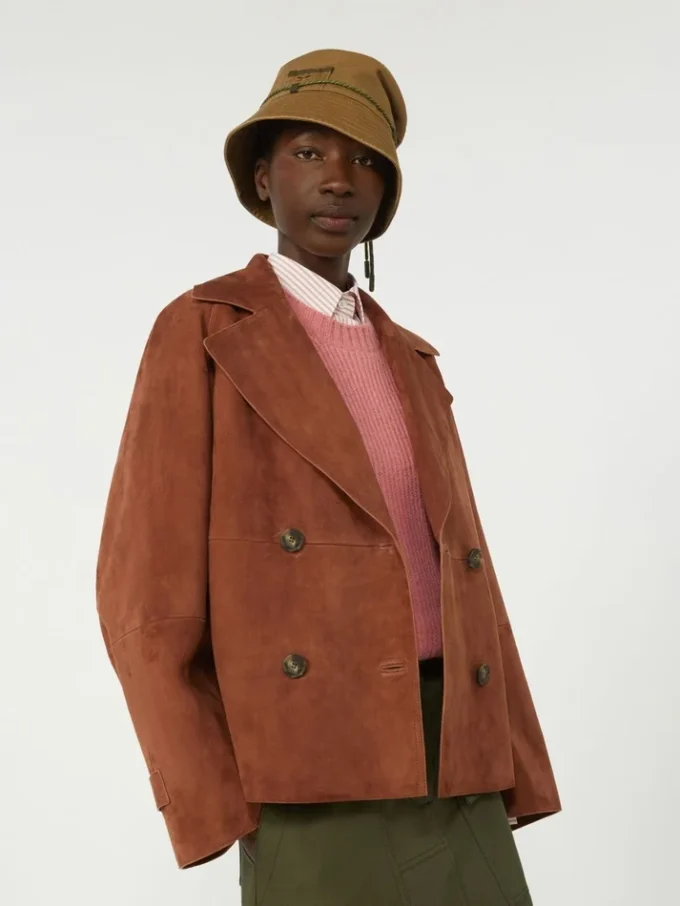 Giacca in pelle scamosciata a doppio petto, color terracotta