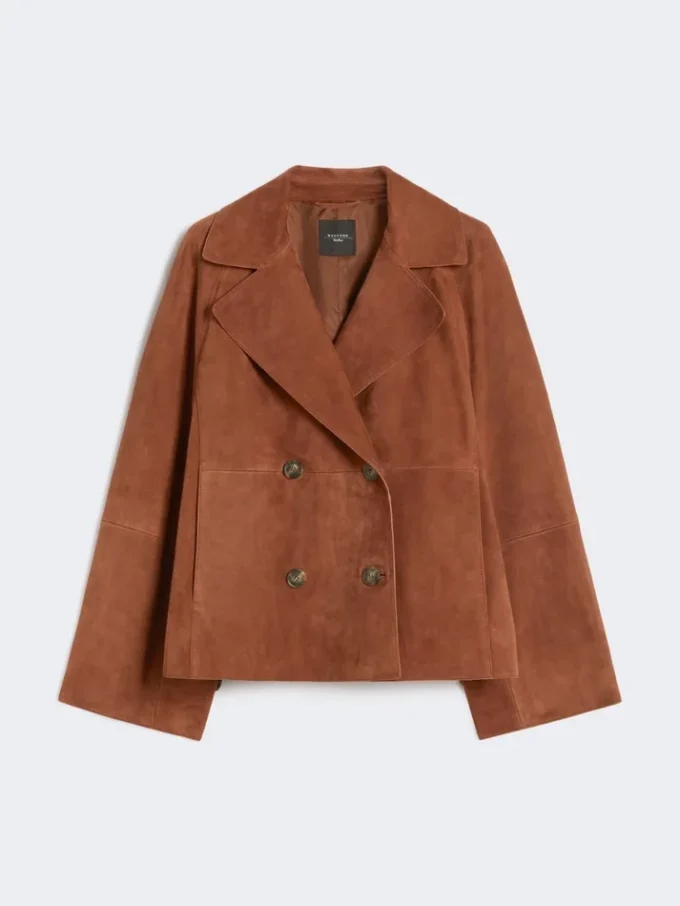 Giacca in pelle scamosciata a doppio petto, color terracotta