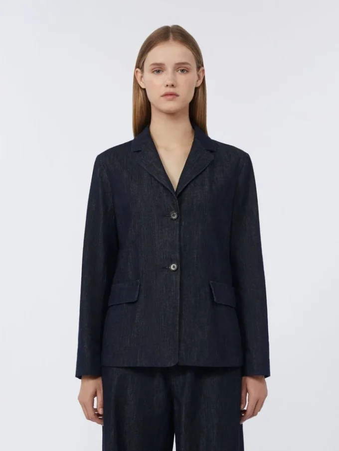 Giacca monospalla in denim elasticizzato, blu oltremare Giacca monospalla in denim elasticizzato, blu oltremare