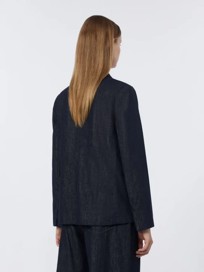Giacca monospalla in denim elasticizzato, blu oltremare Giacca monospalla in denim elasticizzato, blu oltremare
