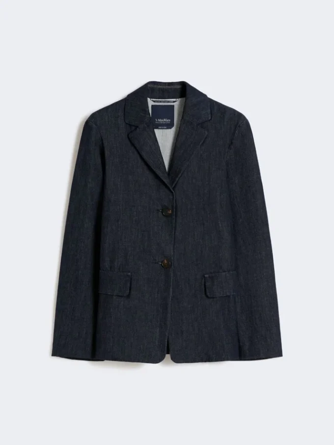 Giacca monospalla in denim elasticizzato, blu oltremare Giacca monospalla in denim elasticizzato, blu oltremare
