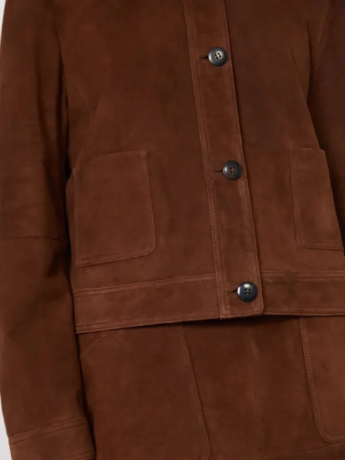 Giacca squadrata in pelle scamosciata, color cioccolato
