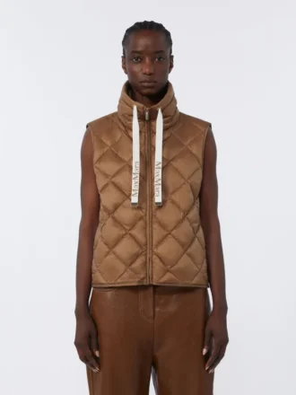 Gilet imbottito in tela di nylon idrorepellente, color caramello