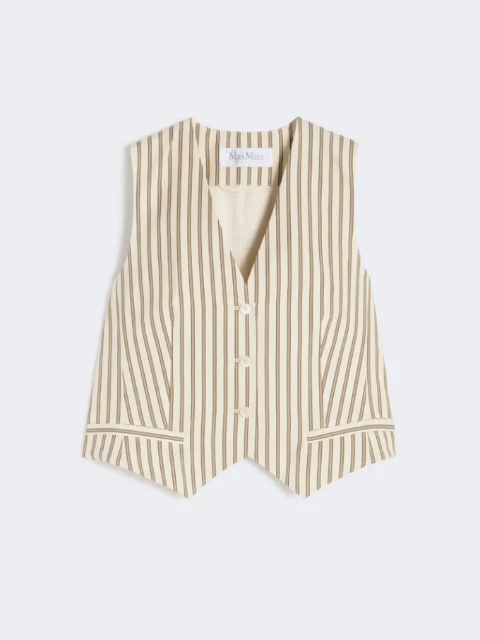Gilet in tela di cotone e seta a righe, beige Gilet in tela di cotone e seta a righe, beige