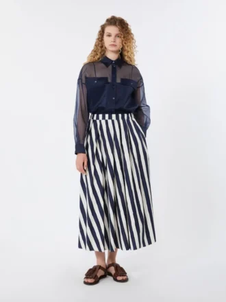 Gonna a pieghe in popeline stampata, blu navy