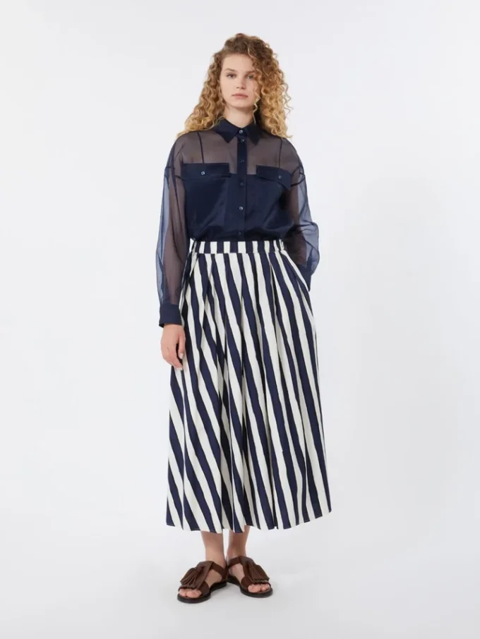 Gonna a pieghe in popeline stampata, blu navy