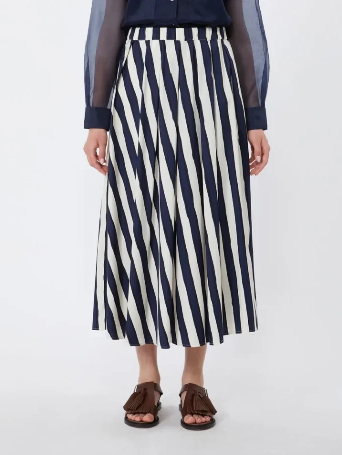 Gonna a pieghe in popeline stampata, blu navy