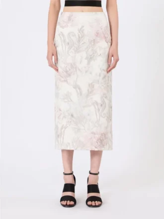 Gonna a tubino in organza stampata e gabardine, bianca