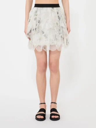 Gonna corta a petali in organza stampata, grigio perla