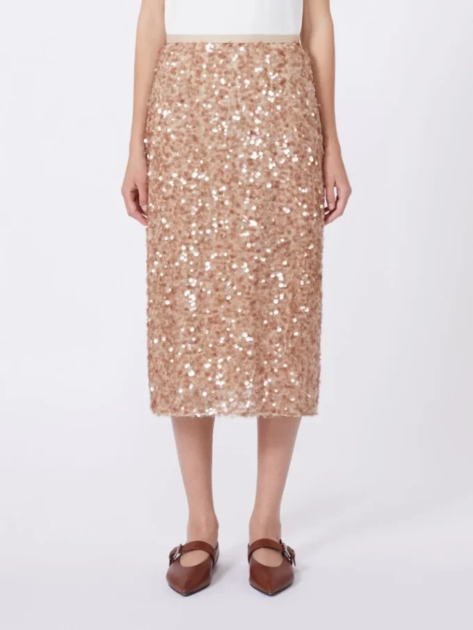 Gonna in tulle e paillettes, color nude
