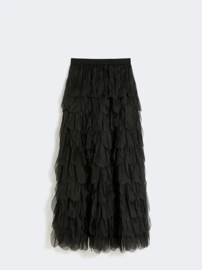 Gonna lunga con petali in organza di seta, nera Gonna lunga con petali in organza di seta, nera