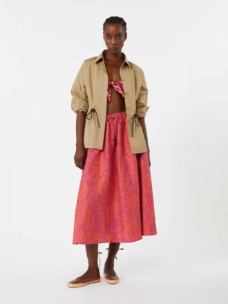 Gonna midi in cotone e seta jacquard, color corallo