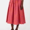 Gonna midi in cotone e seta jacquard, color corallo