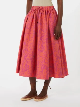 Gonna midi in cotone e seta jacquard, color corallo
