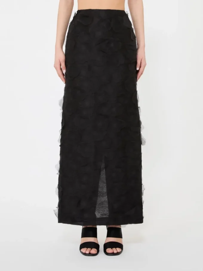 Gonna midi in jacquard di seta, nera