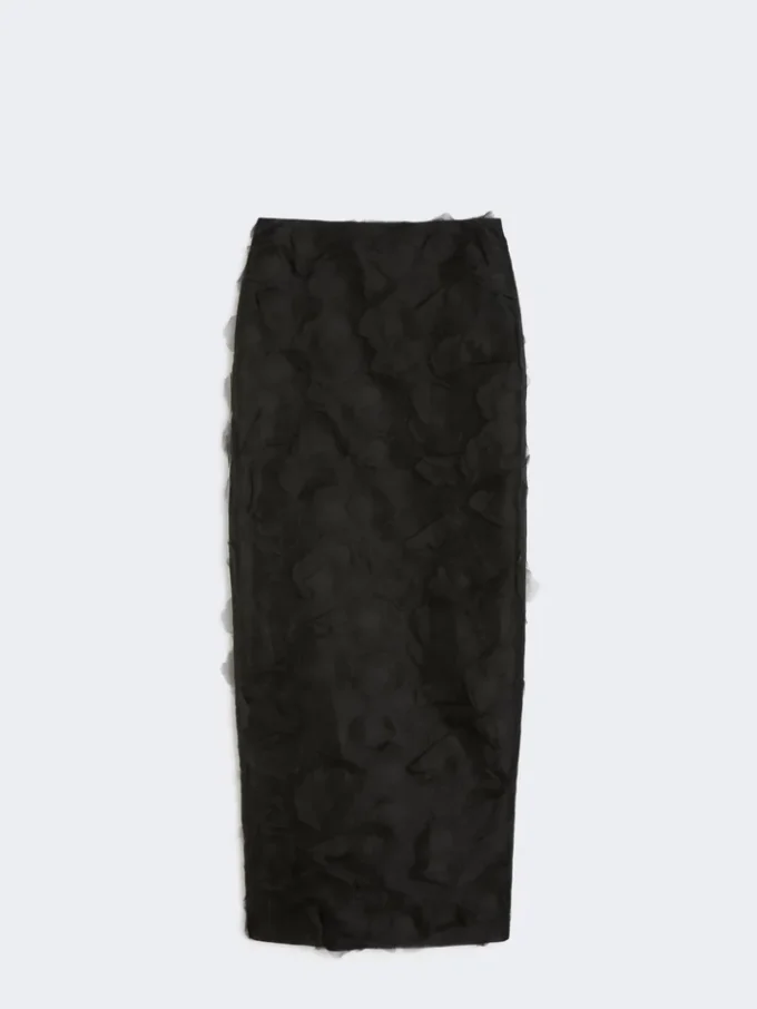Gonna midi in jacquard di seta, nera