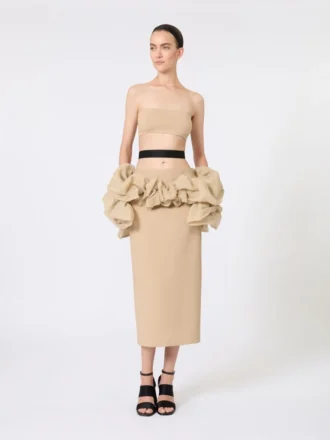 Gonna midi in jersey di viscosa con volant, color cammello