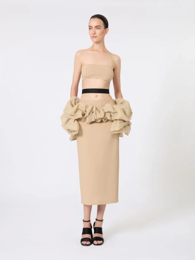 Gonna midi in jersey di viscosa con volant, color cammello Gonna midi in jersey di viscosa con volant, color cammello