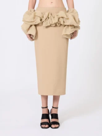Gonna midi in jersey di viscosa con volant, color cammello