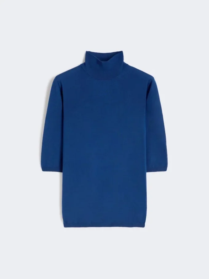 Maglione a collo alto in lana a maglia rasata, blu cina Maglione a collo alto in lana a maglia rasata, blu cina