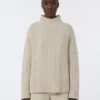 Maglione a collo alto in maglia a trecce di lana e cashmere, bianco