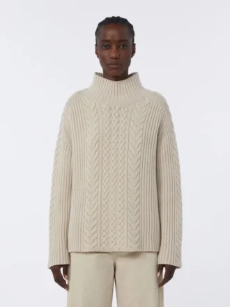Maglione a collo alto in maglia a trecce di lana e cashmere, bianco