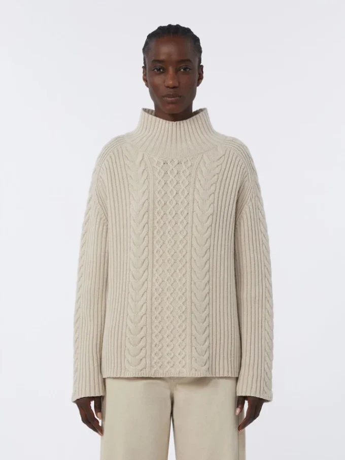 Maglione a collo alto in maglia a trecce di lana e cashmere, bianco