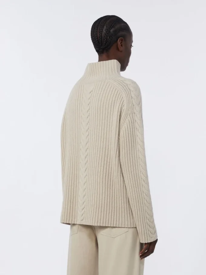 Maglione a collo alto in maglia a trecce di lana e cashmere, bianco