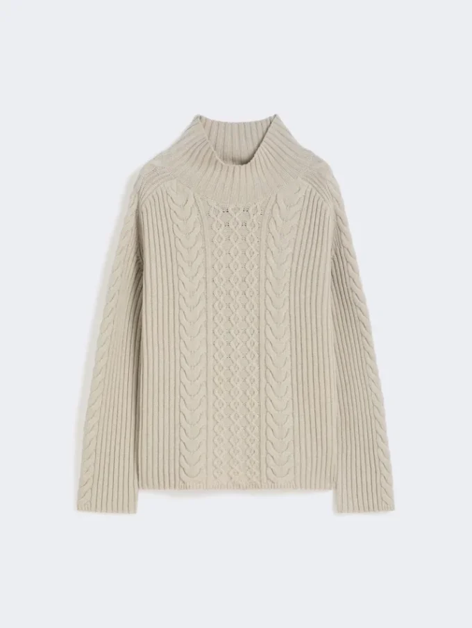 Maglione a collo alto in maglia a trecce di lana e cashmere, bianco