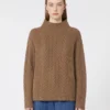 Maglione a collo alto in maglia a trecce di lana e cashmere, color fango