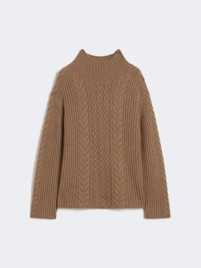 Maglione a collo alto in maglia a trecce di lana e cashmere, color fango