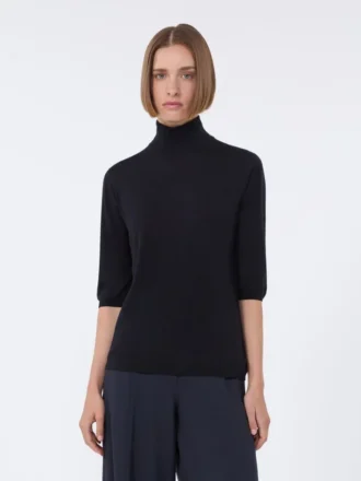 Maglione a collo alto in maglia rasata di lana, blu oltremare