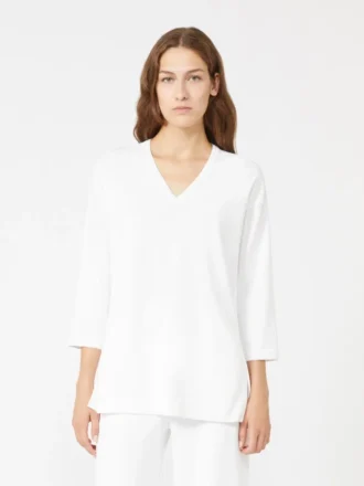Maglione con scollo a V in filato di crêpe di viscosa, bianco ottico