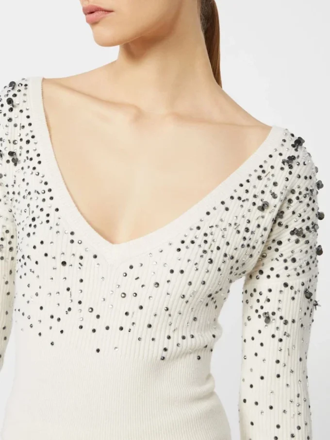 Maglione con scollo a V in lana e cashmere, avorio Maglione con scollo a V in lana e cashmere, avorio