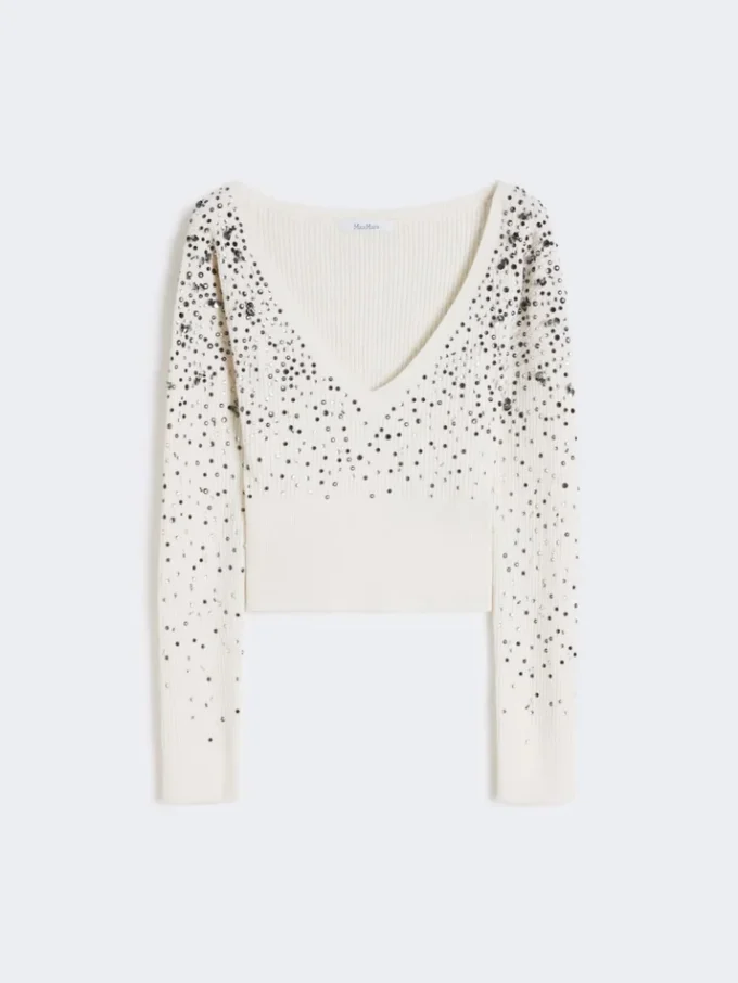 Maglione con scollo a V in lana e cashmere, avorio Maglione con scollo a V in lana e cashmere, avorio