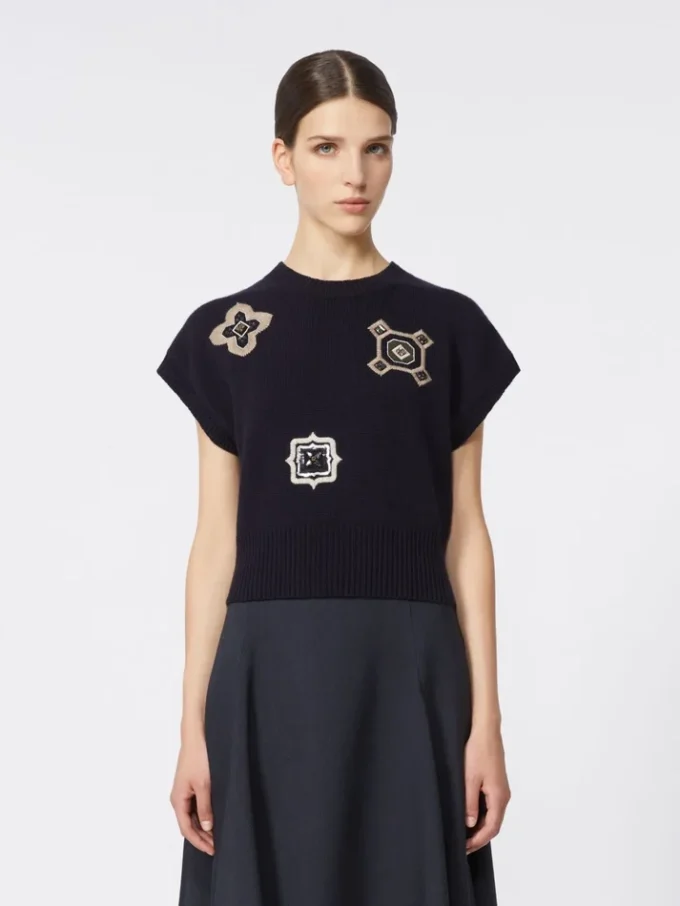 Maglione corto in lana e cashmere, blu oltremare Maglione corto in lana e cashmere, blu oltremare