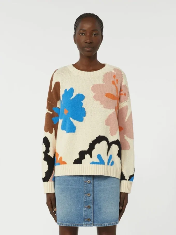 Maglione girocollo in cotone fantasia, multicolore Maglione girocollo in cotone fantasia, multicolore