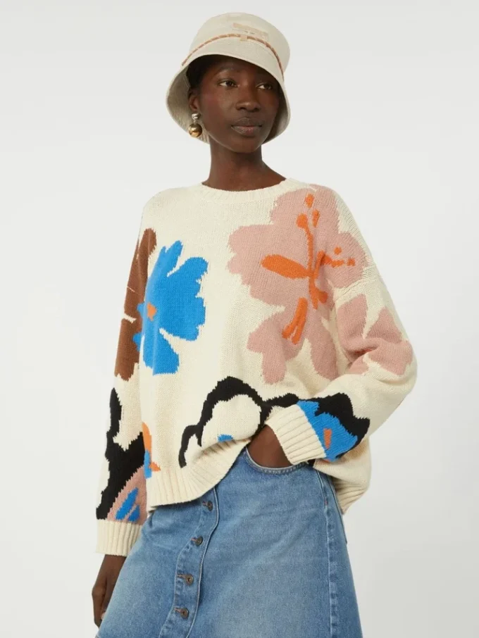 Maglione girocollo in cotone fantasia, multicolore Maglione girocollo in cotone fantasia, multicolore