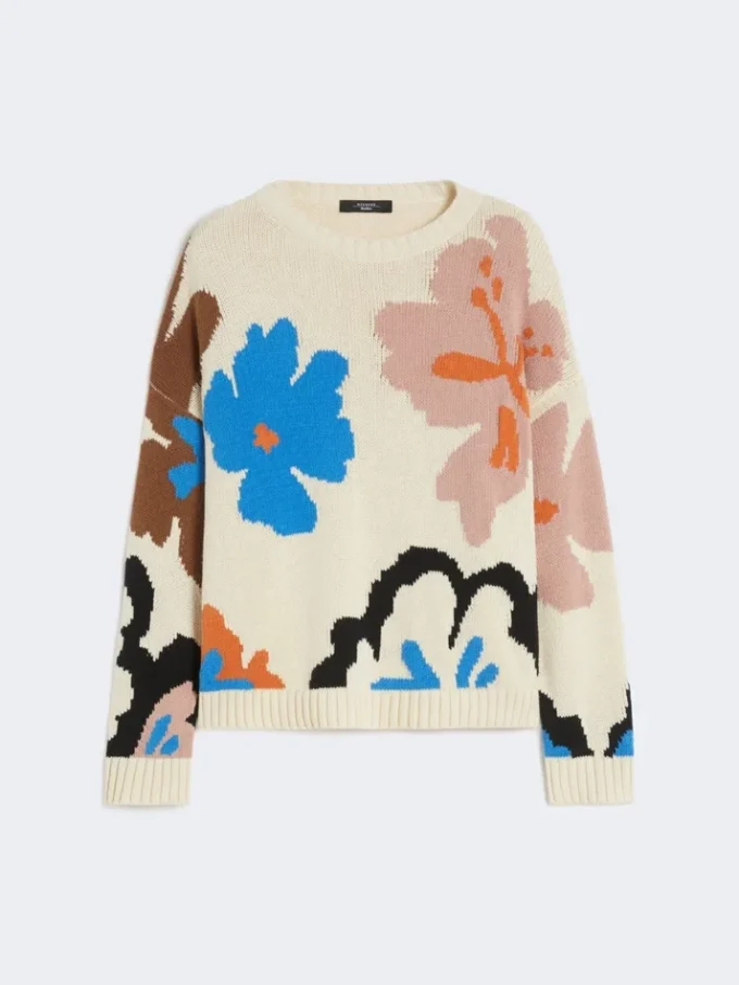 Maglione girocollo in cotone fantasia, multicolore Maglione girocollo in cotone fantasia, multicolore