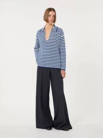 Maglione in cashmere a coste, bianco e blu