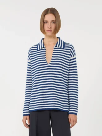 Maglione in cashmere a coste, bianco e blu