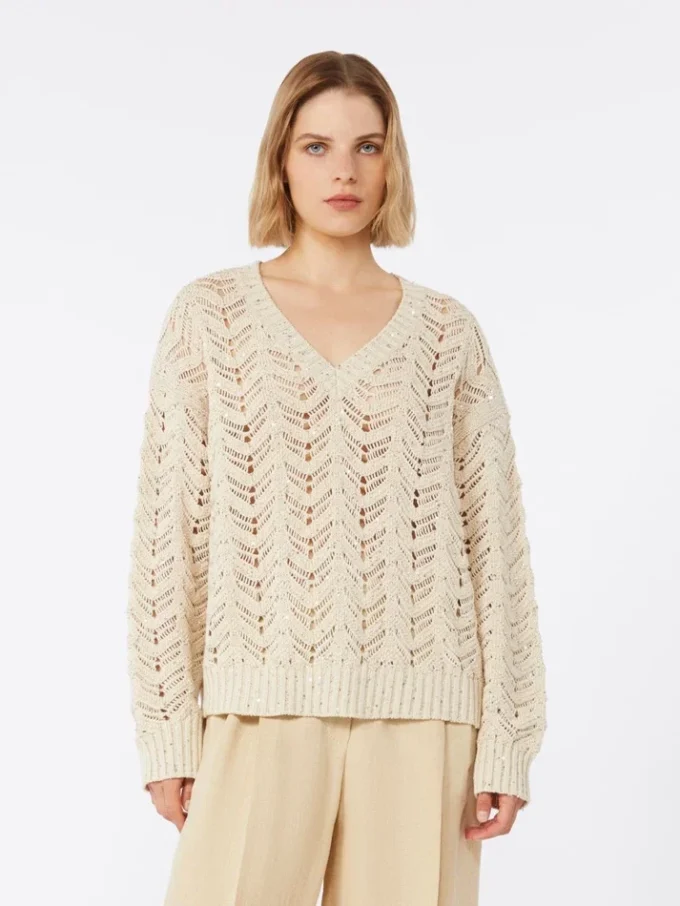 Maglione in filato di cotone e paillettes, beige Maglione in filato di cotone e paillettes, beige